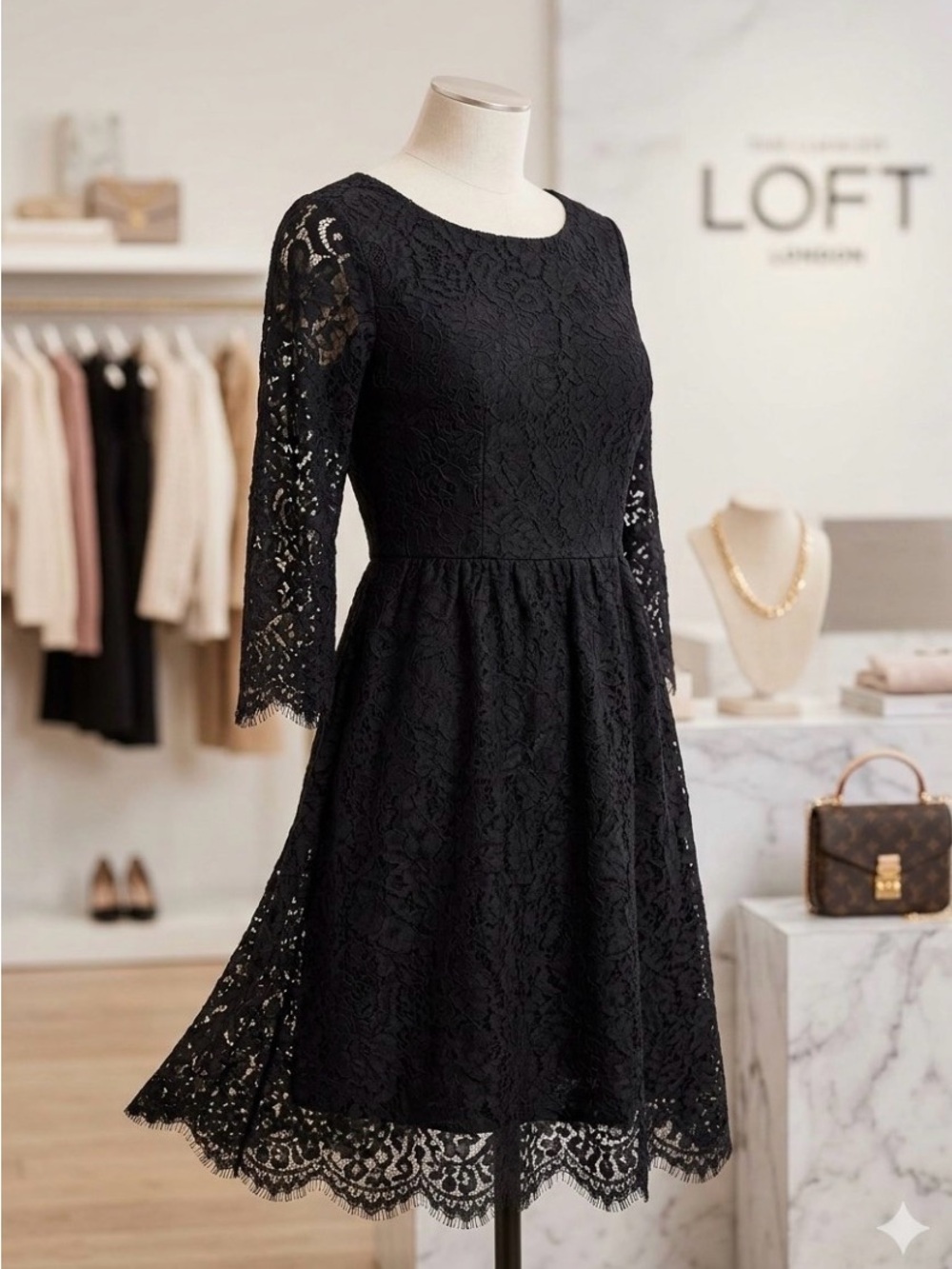 0317.  LOFT Black Lace Long Sleeve Fit-and-Flare Dress